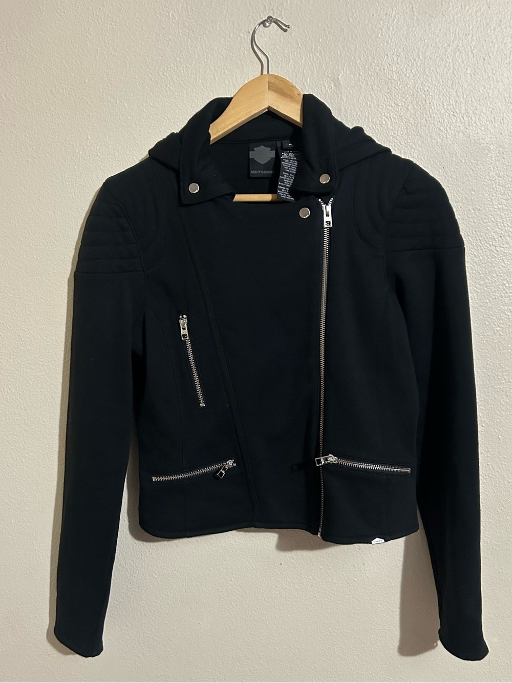 Harley-Davidson Black Hooded Asymmetrical Zip Moto Jacket Size Medium Cotton
